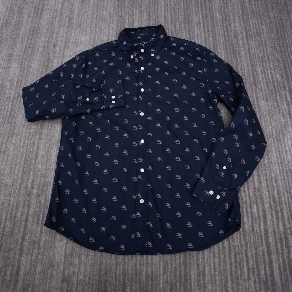 Hawker Rye Button Down Shirt Mens M Navy Blue Excellent Equestrian Horse Print